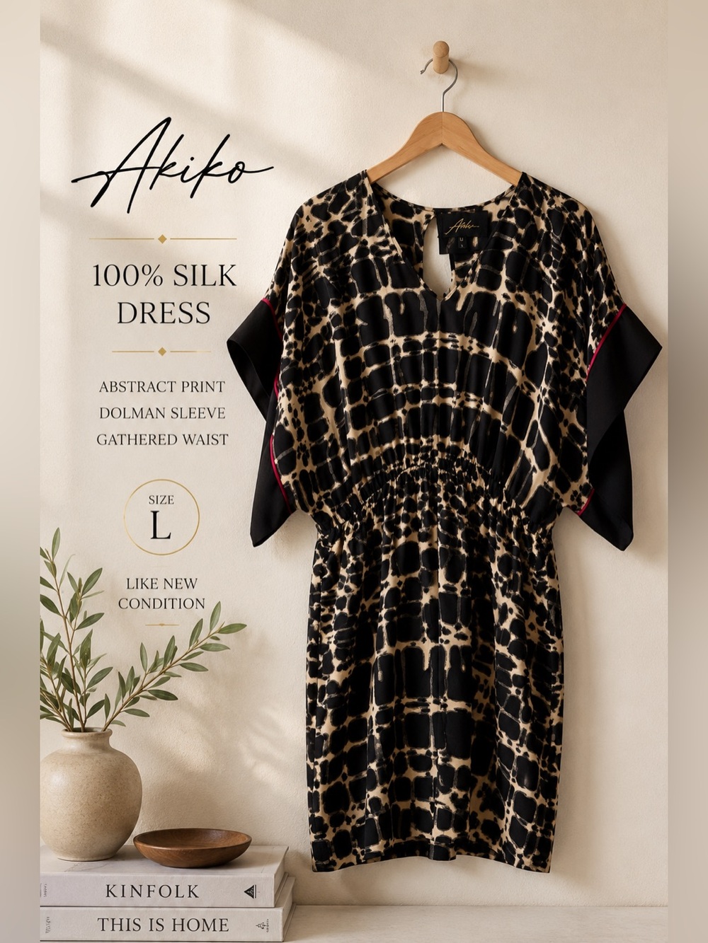 Akiko 100% Silk Abstract Animal Print Dolman Sleeve Dress Size Large